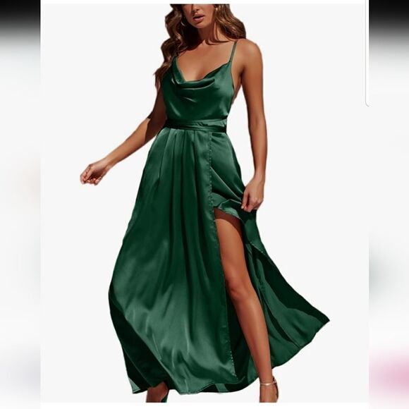 Satin Formal Dress Sexy V Neck Backless Maxi Cocktail Party Wedding SZ Medium - Picture 3 of 11